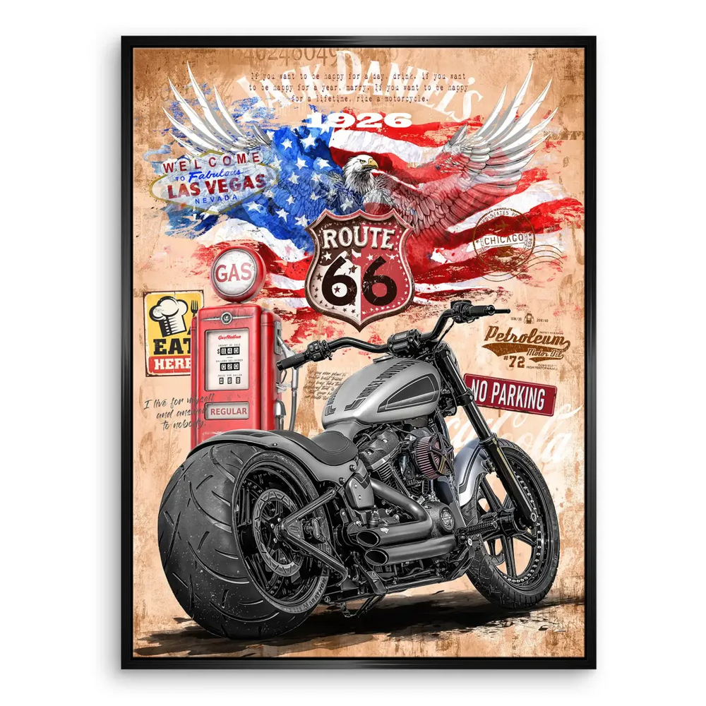 Industrial-style living room decor with motorcycle-themed wall art
