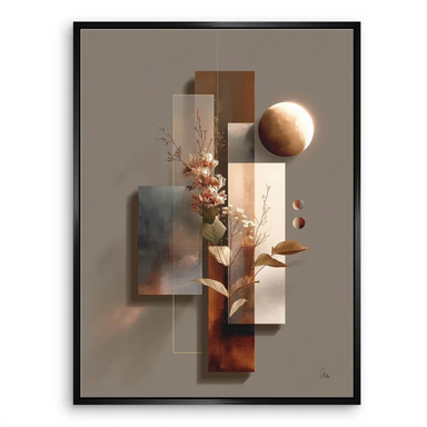 Botanical-inspired abstract canvas with peach blossoms and geometric forms.