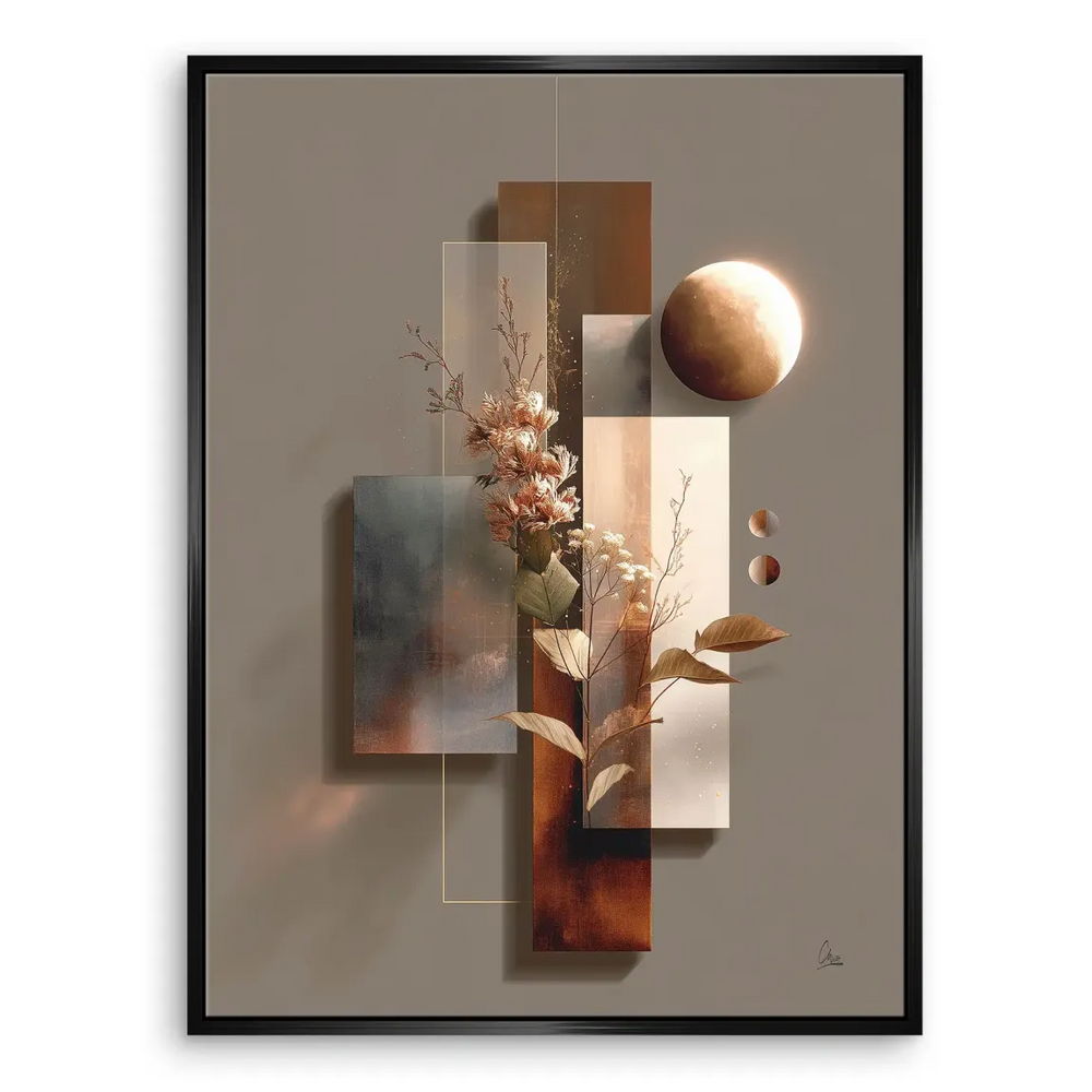 Botanical-inspired abstract canvas with peach blossoms and geometric forms.