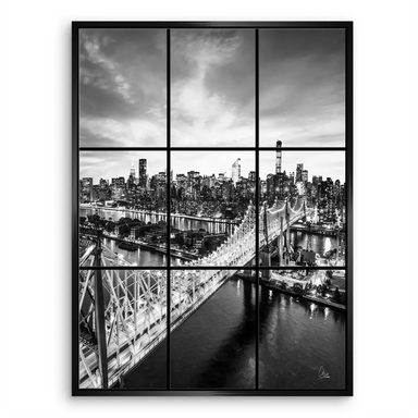 Modern wall art of an urban skyline and bridge, captured in grayscale for minimalist interiors.