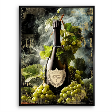 Dom Pérignon bottle with vine leaves wall art detail view.