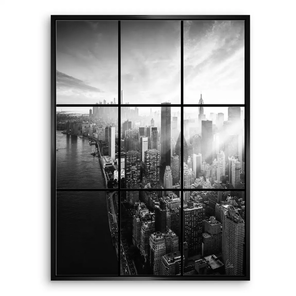 Fifth panel offering a river view with urban silhouettes along the horizon