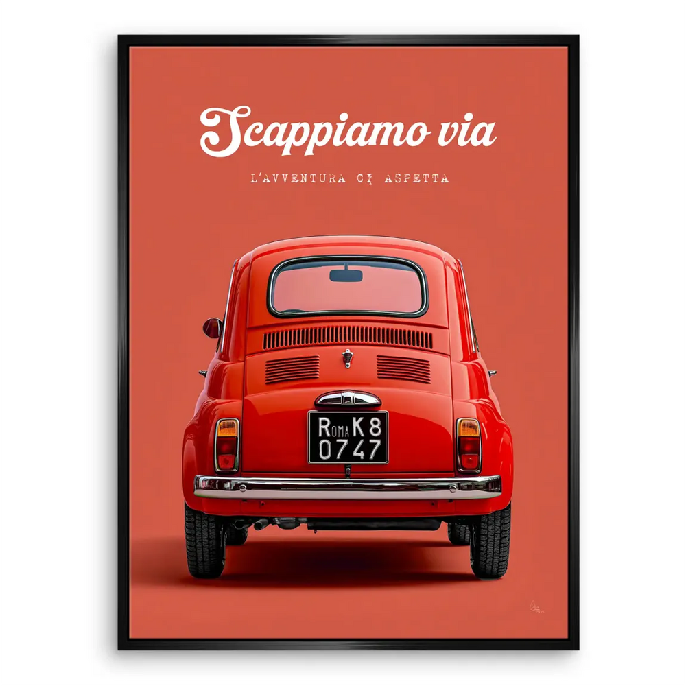 Travel-inspired car wall art with vivid red Fiat 500 and soft orange tones