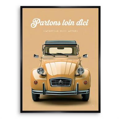Mid-century inspired car mural in soft beige and yellow, ideal for living rooms and offices.