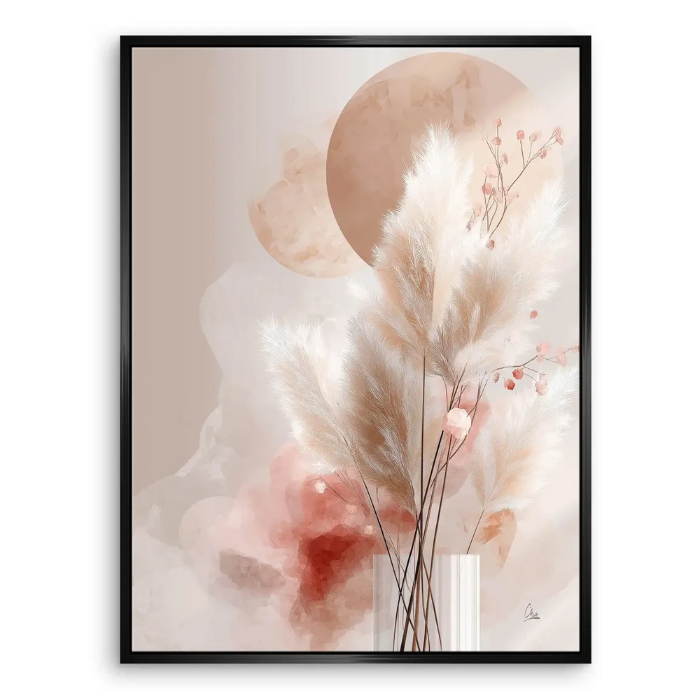 Muted terracotta circles provide warm focal points within the Amber Fields botanical wall art
