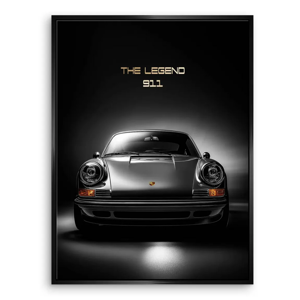 Porsche 911 canvas print with bold typography and refined gold detailing