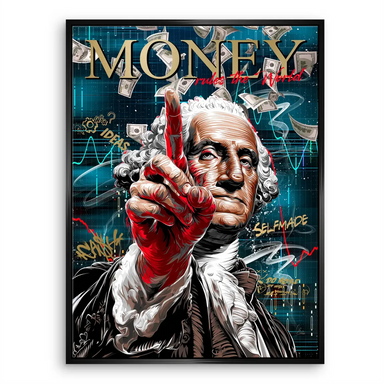 Graphic wall art with entrepreneurial themes, featuring graphs and money symbols in a modern pop art layout.