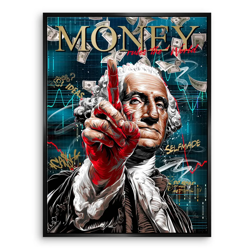 Graphic wall art with entrepreneurial themes, featuring graphs and money symbols in a modern pop art layout.