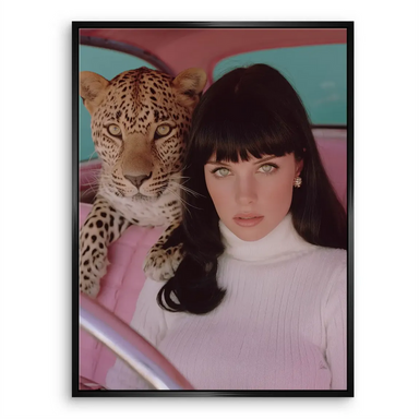 Leopard’s natural tan and spotted fur complement the white clothing.