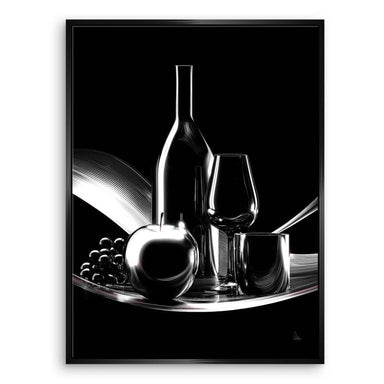 Wine Noir monochrome still life canvas — dark moody dining room decor.