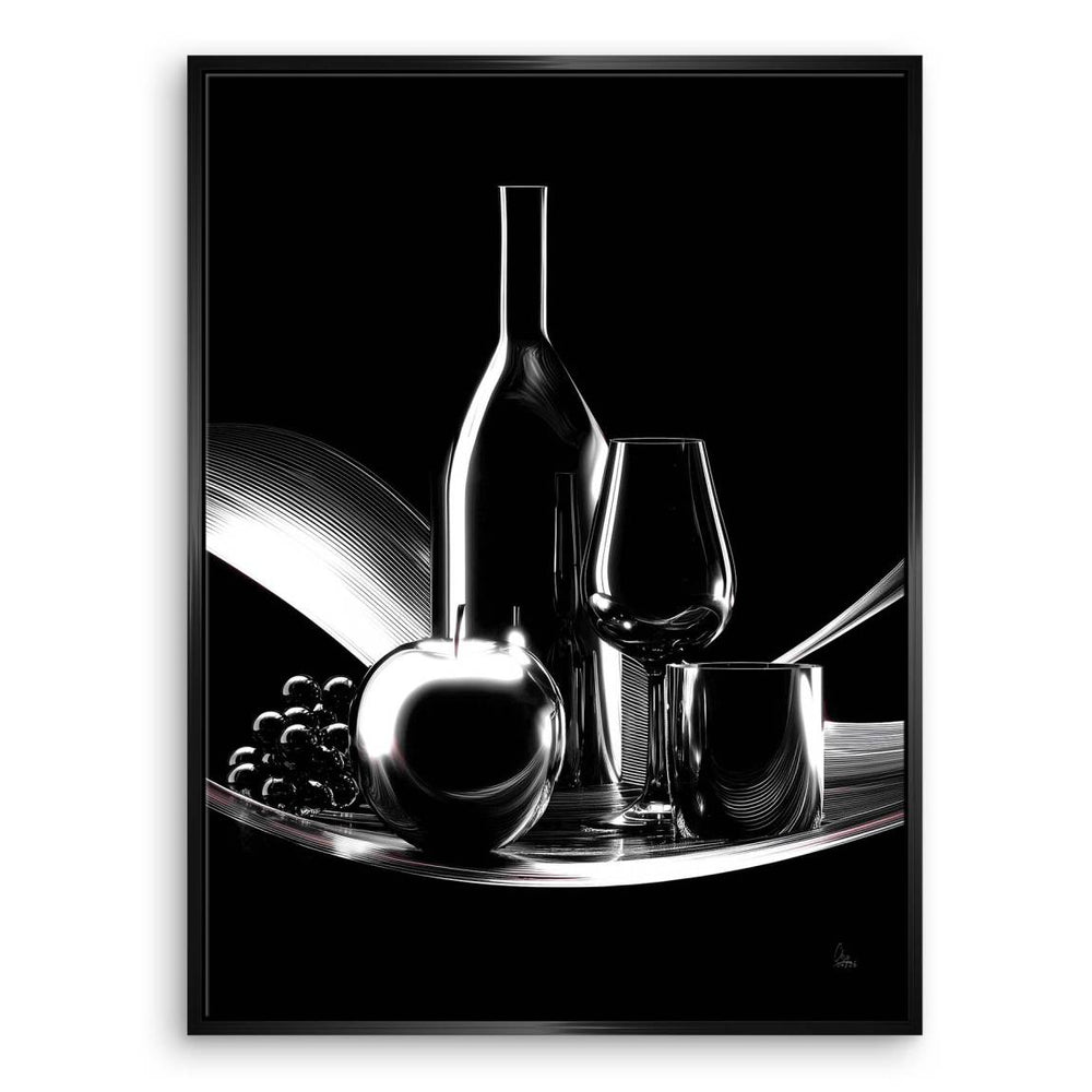 Wine Noir monochrome still life canvas — dark moody dining room decor.