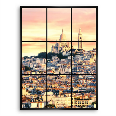 Romantic Montmartre scene with warm sunrise glow over the city.