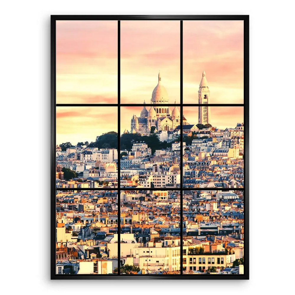 Romantic Montmartre scene with warm sunrise glow over the city.