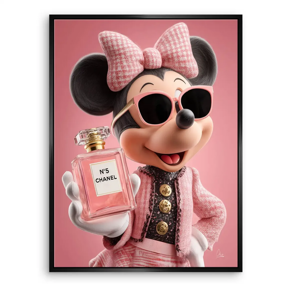 Paris-inspired Minnie Mouse art with luxe fashion vibe and bold pink palette.