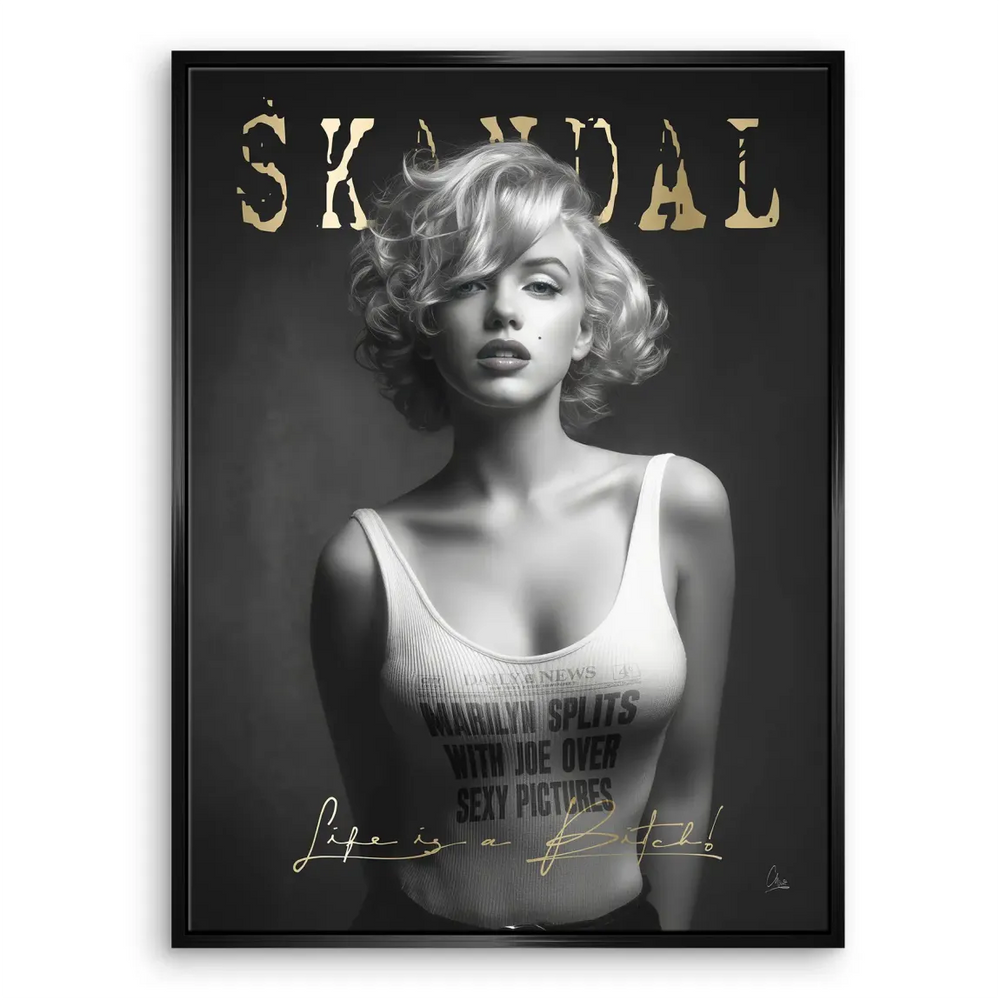 Newspaper headline print reading Marilyn splits with Joe over sexy pictures integrated into the design.