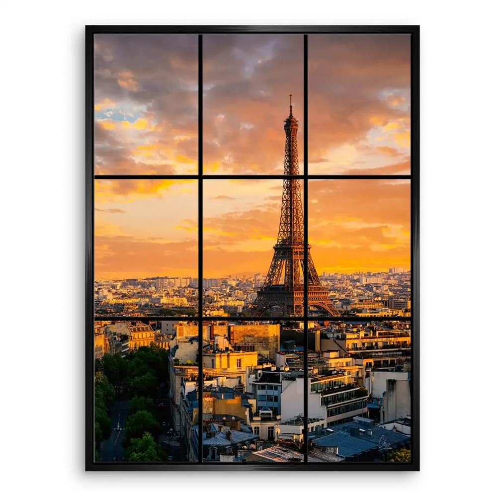 Romantic Paris scene at dusk with fiery clouds and the Eiffel Tower in view