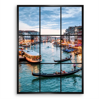 Gondolas moored along the canal beside old facades during twilight in Venice.