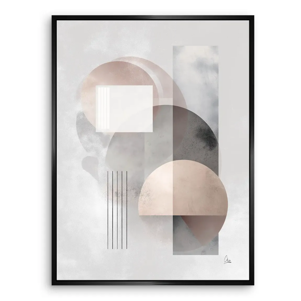 Soft Circles artwork highlighting depth and translucency in pale pink-beige and charcoal hues.