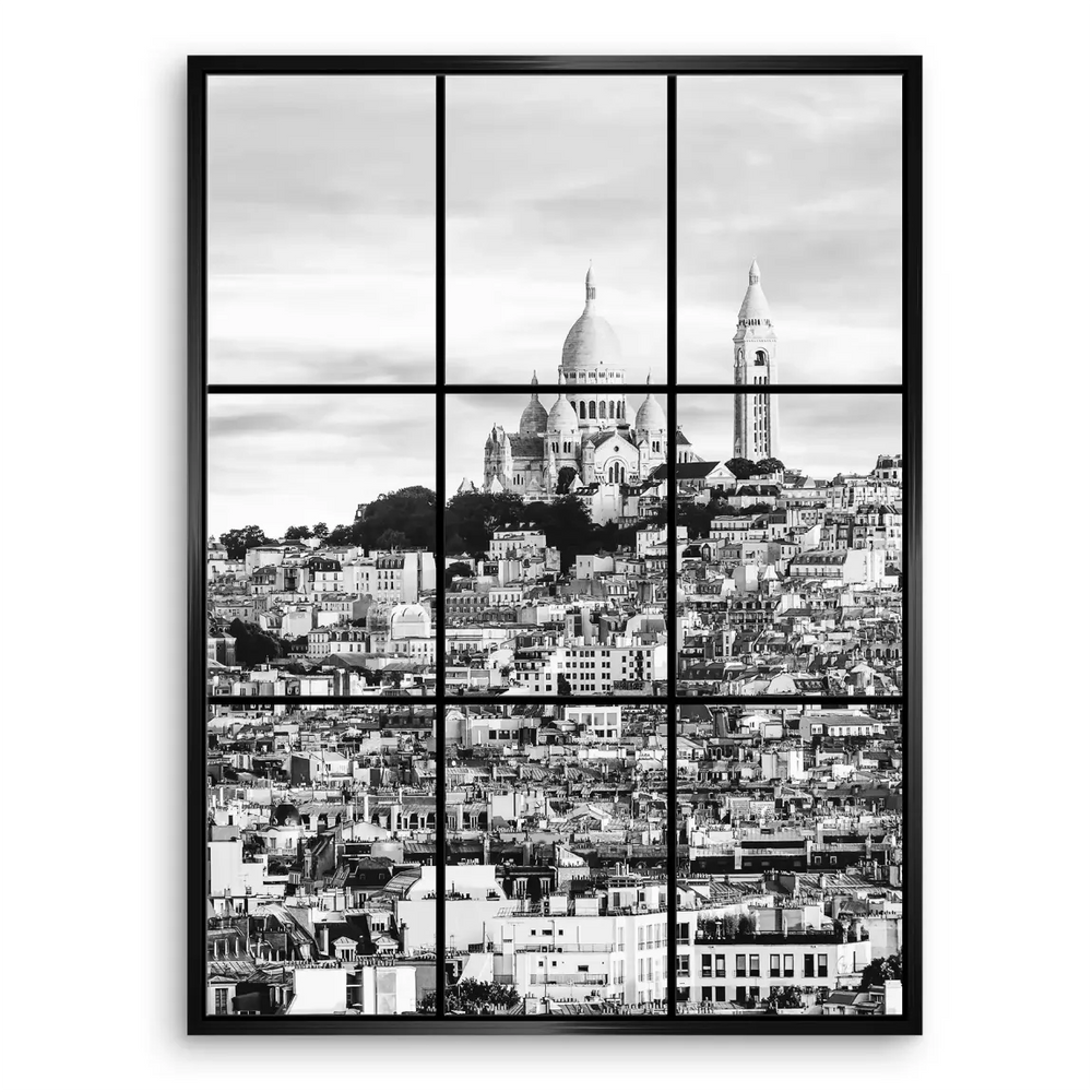Nine-pane window grid overlaying the Montmartre cityscape in monochrome.
