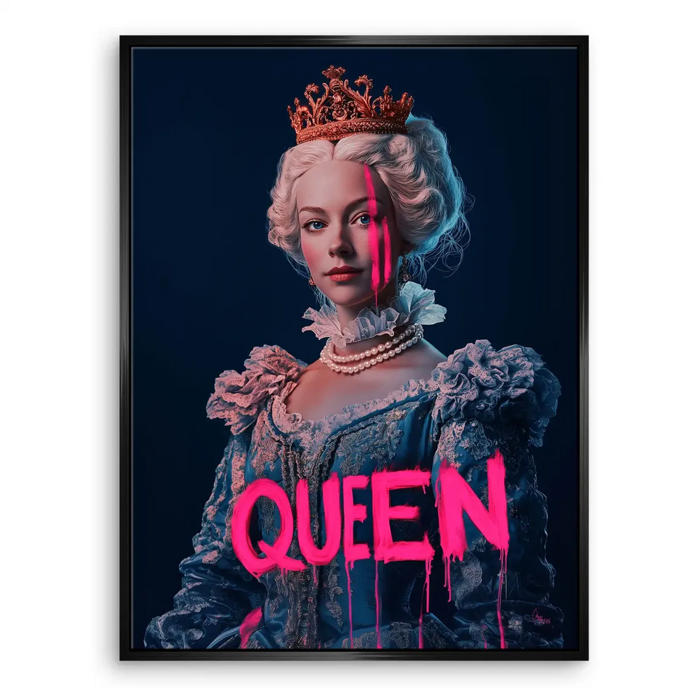 Queen Neon Art canvas print — full portrait with glam neon pink graffiti.