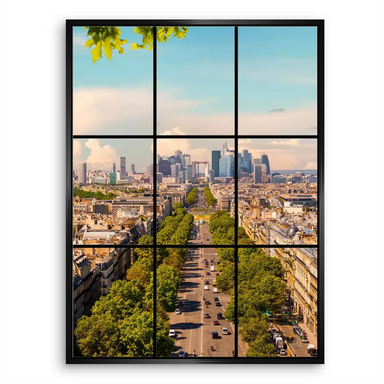 Harmonious palette of blues, greens, and warm stone tones evokes a sophisticated Paris city scene suitable for wall art.