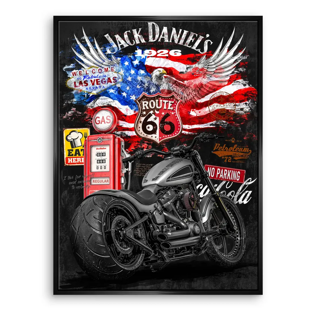 Grunge black background with bright pop art colors and retro signage.