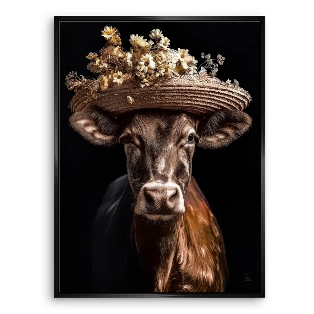 Cow with Straw Hat Canvas Wall Art - Rustic Farmhouse Decor - Image 6