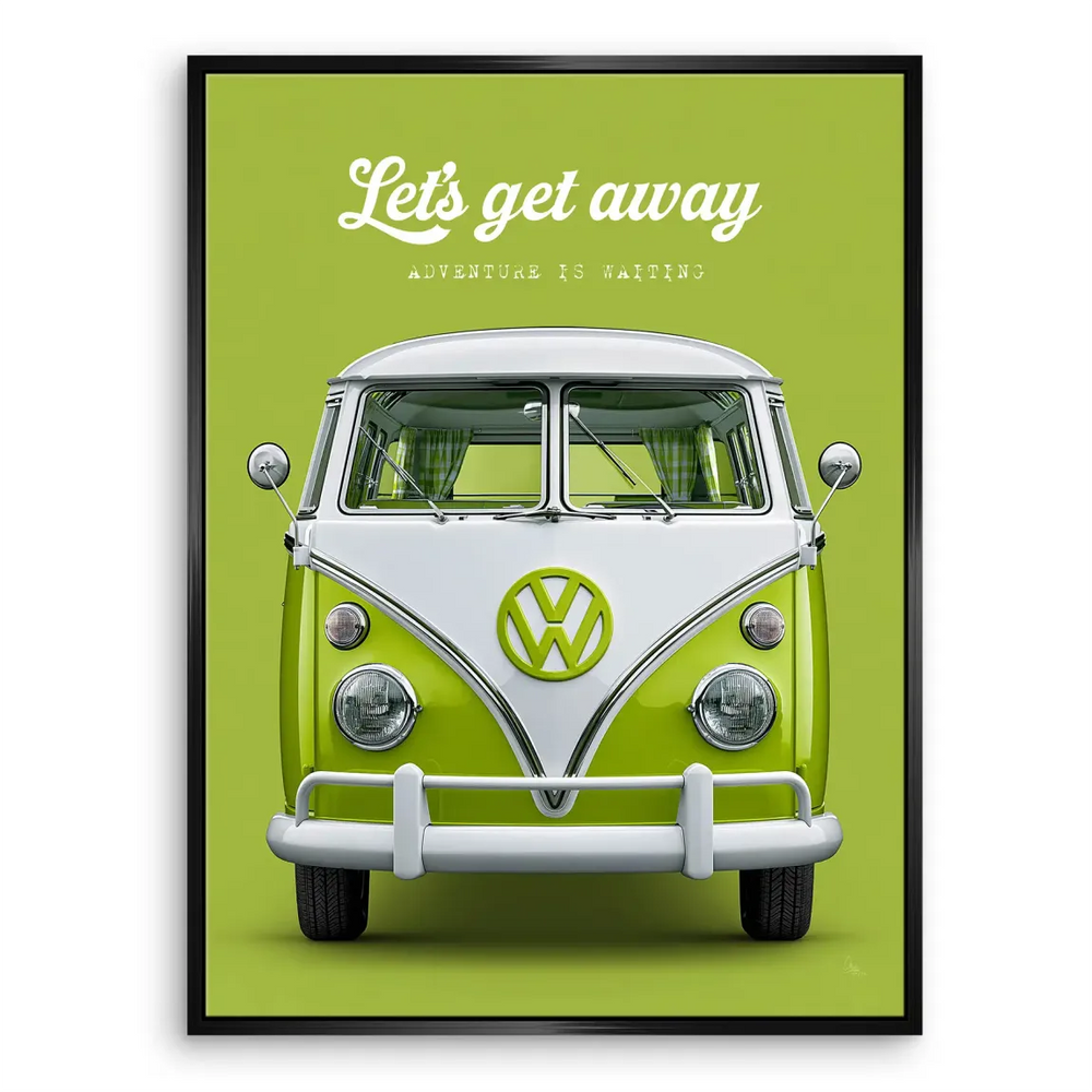 Living room-ready green VW Bulli canvas print with nostalgic 60s style