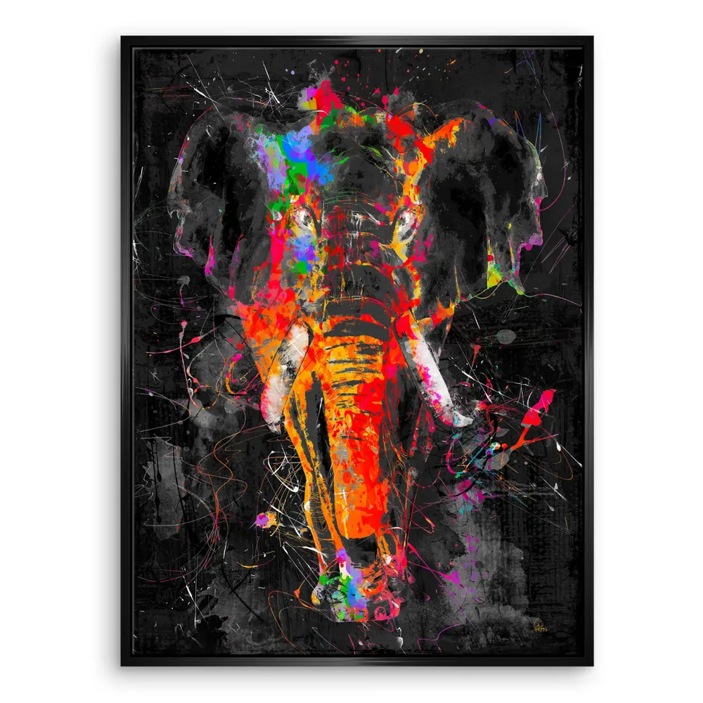 Abstract elephant canvas with splatter paint and vivid color accents.