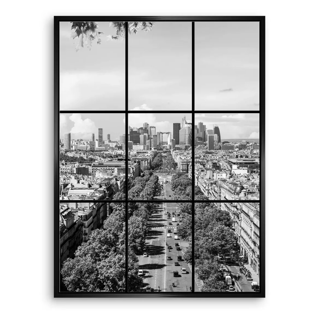 Minimalist composition emphasizing geometric shapes of Parisian architecture and avenue in monochrome.