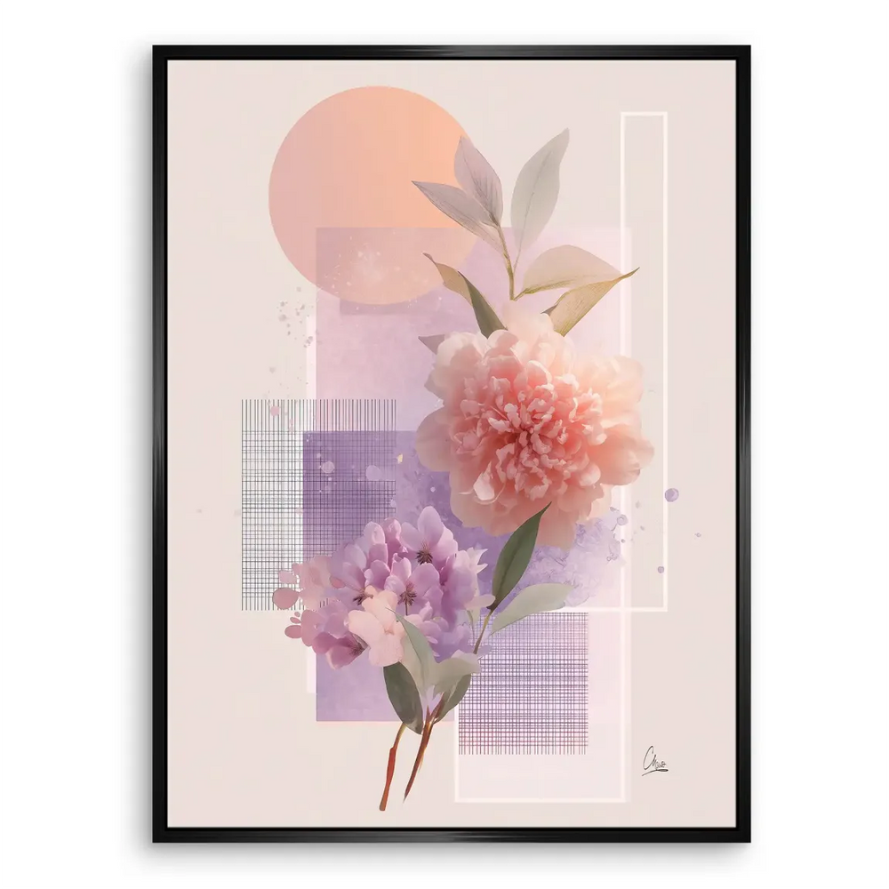 Delicate floral abstraction with pale petals and translucent shapes against a calm pastel backdrop.