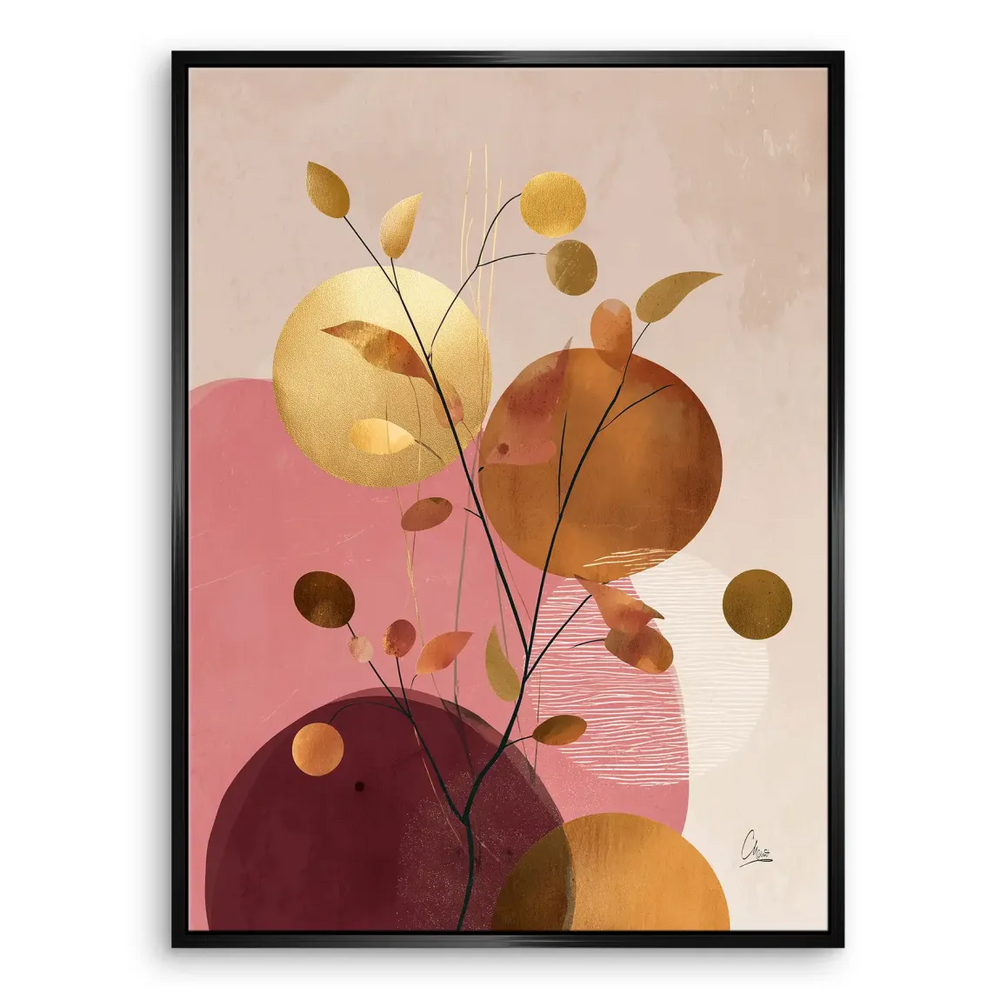 Rich terracotta and bronze hues with gold accents in a modern botanical-inspired design.