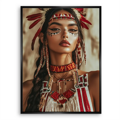 Feathered headdress and geometric facial paint adorn a powerful wall art centerpiece.