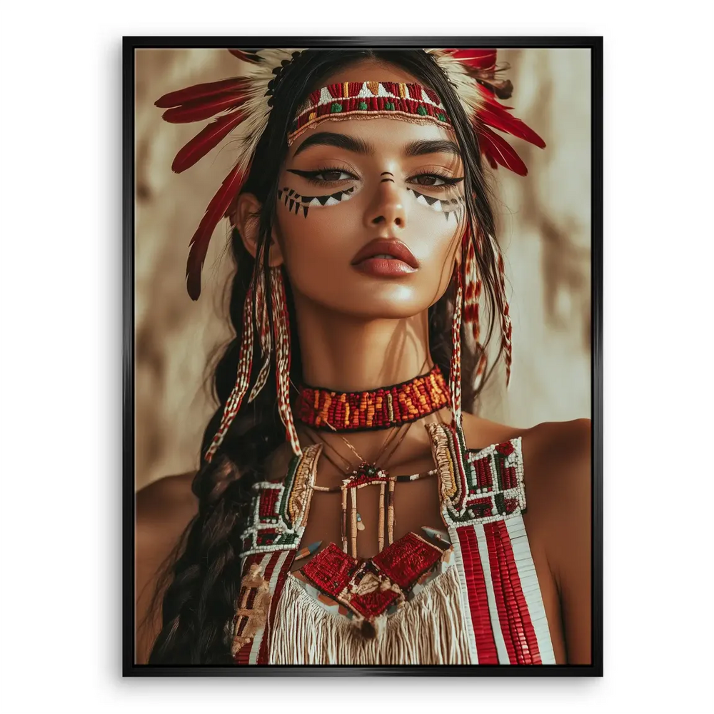 Feathered headdress and geometric facial paint adorn a powerful wall art centerpiece.