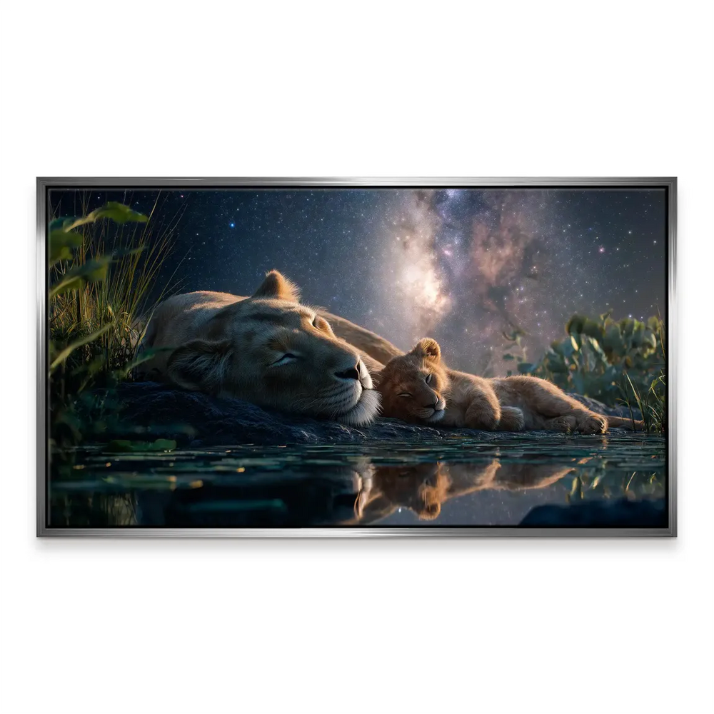 Dreamlike realism of a lion and cub in a peaceful, majestic moment.