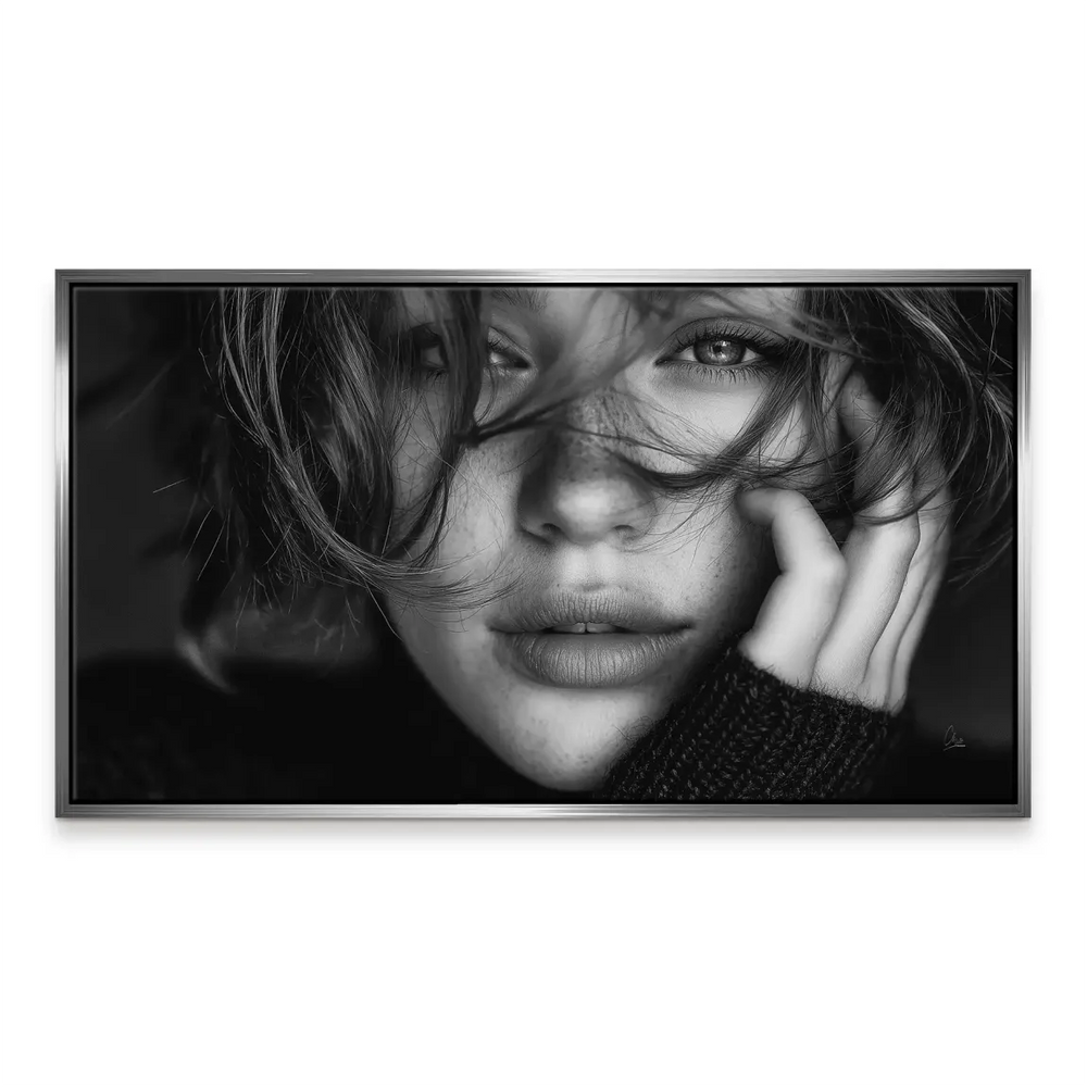 Realistic black and white wall art of a woman's face