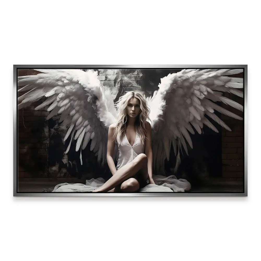 Moody lighting emphasizing the white wings and the subject's calm expression