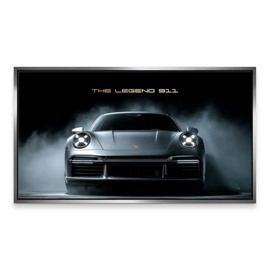 Luxury automotive art vibe with a high-contrast silhouette of a Porsche 911.