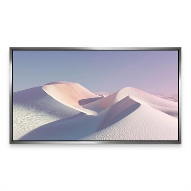 Serene, minimalist desert landscape featuring white sand and peach-toned hues