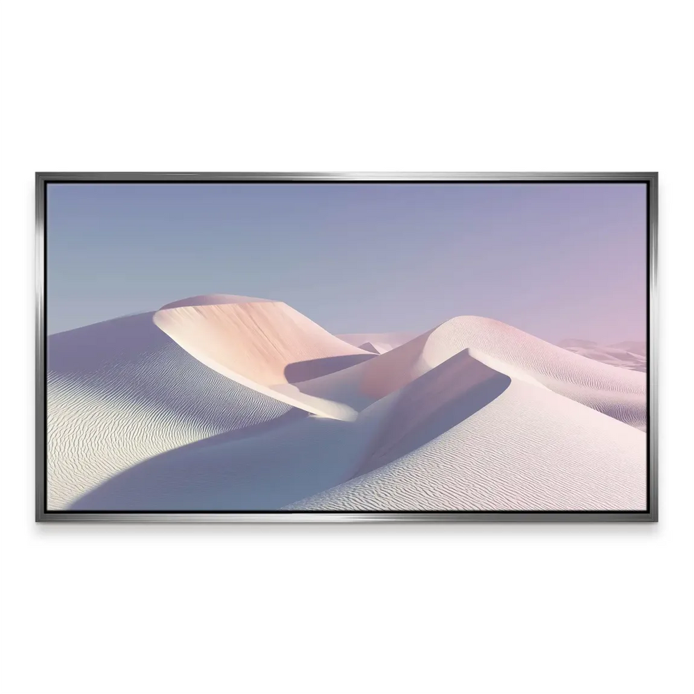 Serene, minimalist desert landscape featuring white sand and peach-toned hues