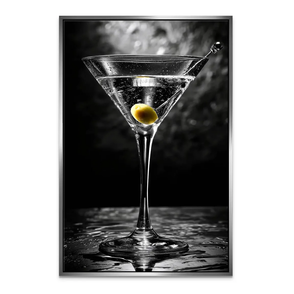 Dramatic lighting emphasizing the rim and olive against a dark backdrop