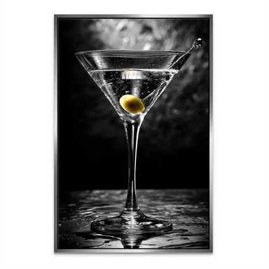 Dramatic lighting emphasizing the rim and olive against a dark backdrop