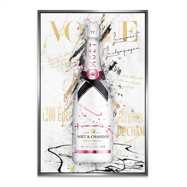 Champagne Glam pop art canvas – bottle centerpiece surrounded by pink paint splashes.