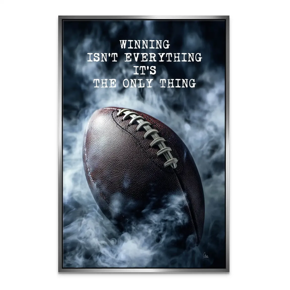 Football-themed wall decor suitable for a game room or home gym.