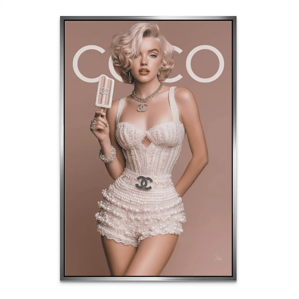 COCO text accents on a chic blush backdrop behind the figure.