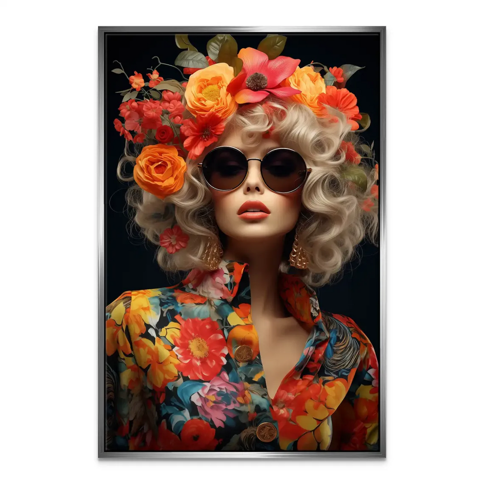 Canvas print of a stylish woman with a bright, floral crown for modern interiors