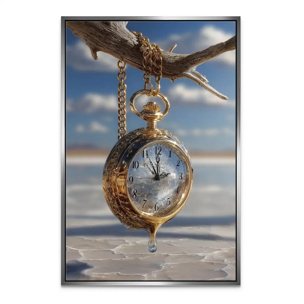 Portrait-oriented wall art featuring a time-warped pocket watch against a minimalist backdrop.