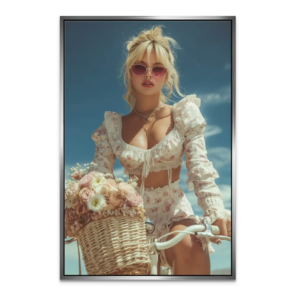 Boho fashion photography-style wall art with pink and blue hues