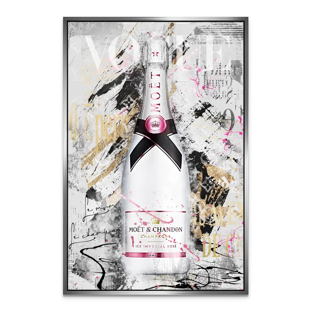 Bottle framed by an urban backdrop for a modern glam wall art piece.