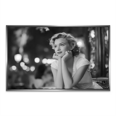 Monroe in a pensive pose on a noir-inspired city backdrop for wall decor.